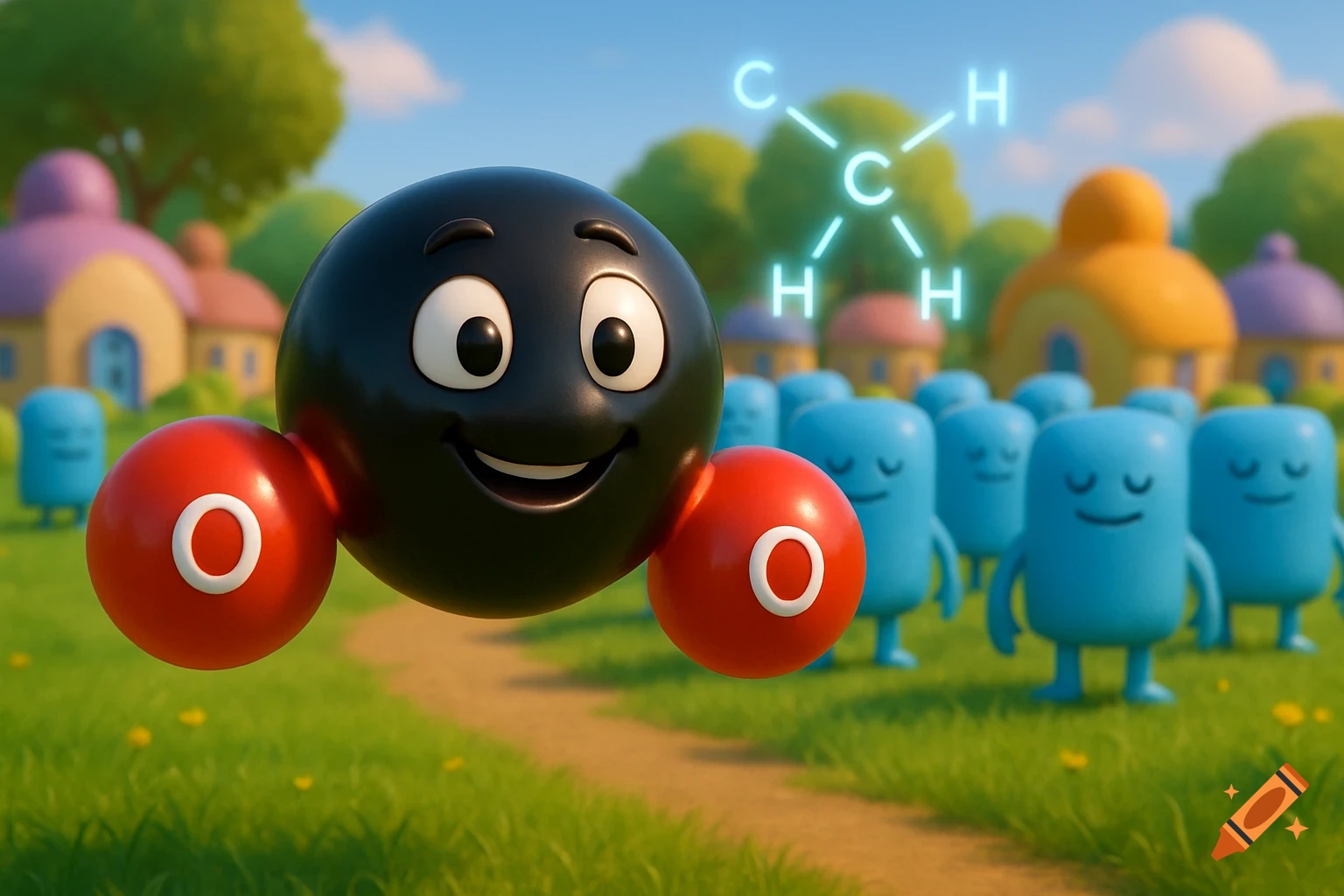 A smiling 3D cartoon CO2 molecule with O labeled spheres floats over a green field with blue characters and a glowing CH4 molecule in a colorful Pixar-style village.
