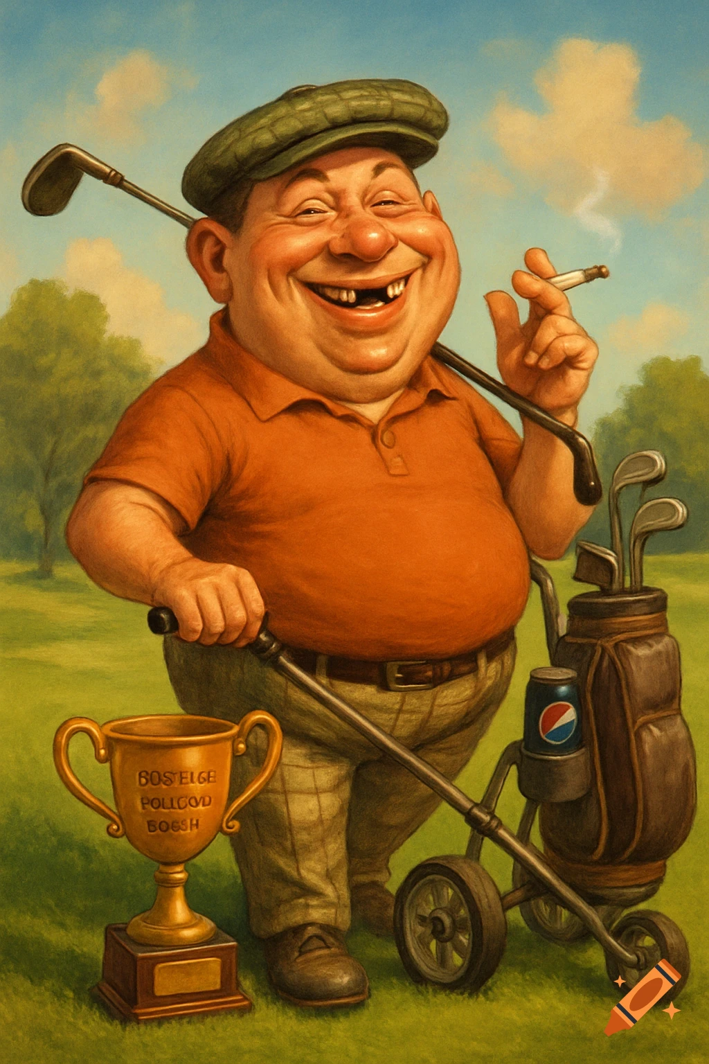 A caricatured overweight male golfer with a big smile and a missing tooth, holds a golf club and a cigarette, next to a golf cart and trophy.