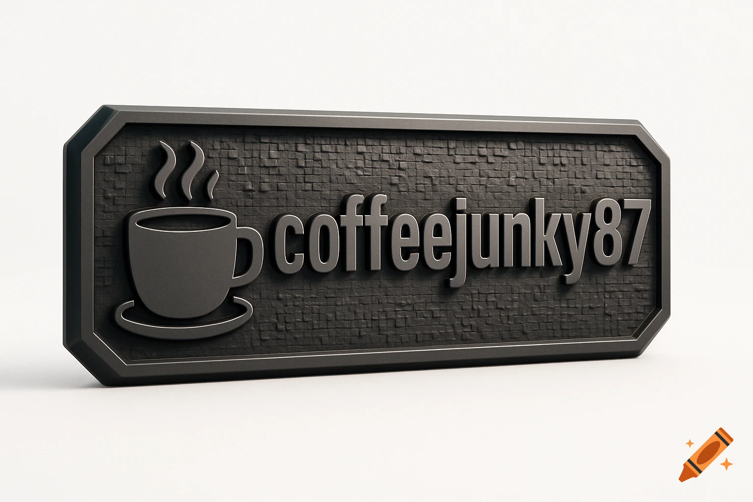A 3D rendered dark gray nameplate with the text "coffeejunky87" and a steaming coffee cup icon, on a textured background.