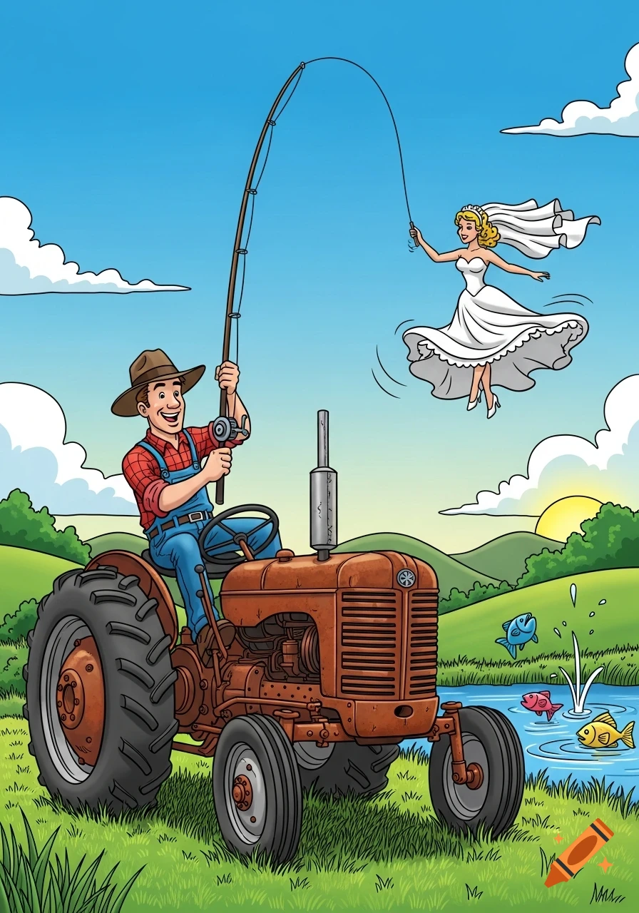 A smiling cartoon farmer on a tractor fishes a floating bride from the sky with a fishing rod, set in a sunny countryside scene.