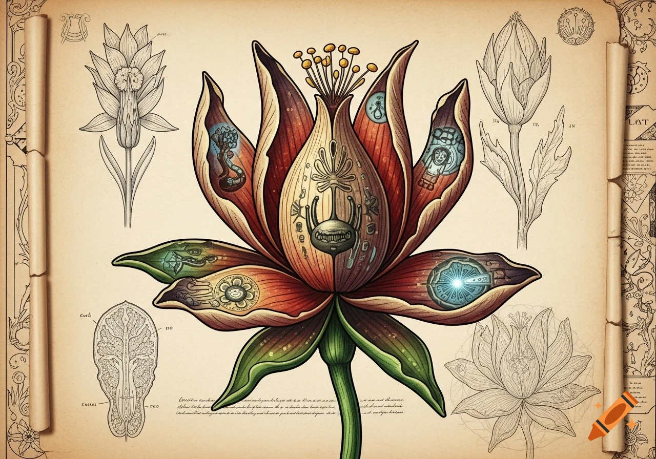An ornate botanical illustration of a fantastical, alien-like flower with intricate patterns and internal anatomical sketches on aged parchment paper with blueprint-like marginalia.