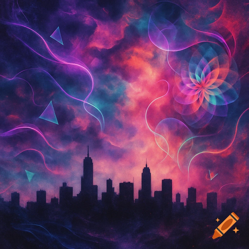 A surreal, vibrant cityscape at night under a dramatic sky filled with neon and pastel clouds and abstract glowing elements.
