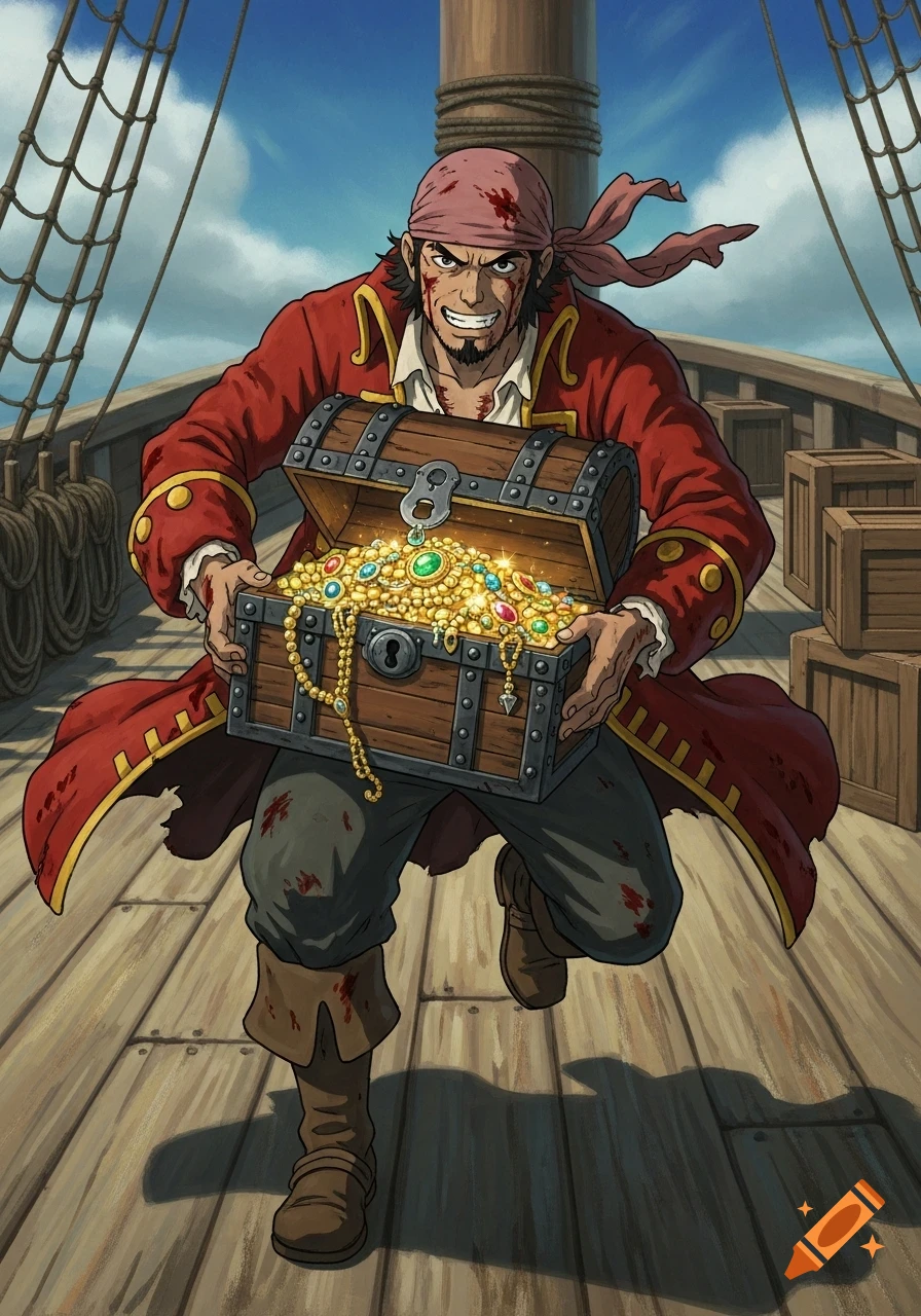 A fierce pirate in a red coat and bandana runs on a ship deck, clutching an open treasure chest overflowing with gold and jewels, in a Ghibli-inspired painterly style.