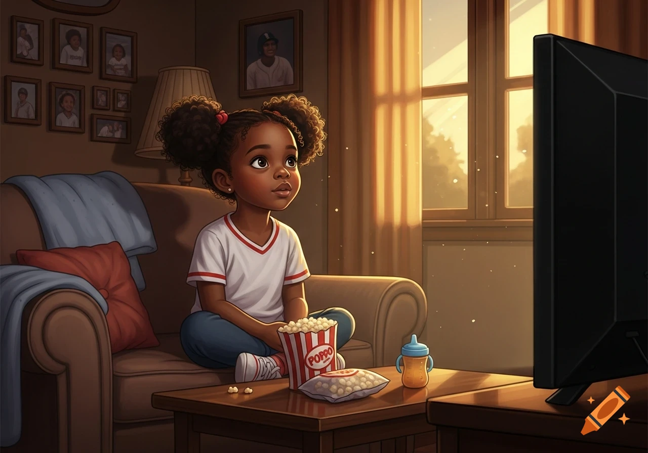 A cartoon little black girl sits on a couch, eating popcorn and watching TV in a warm living room.
