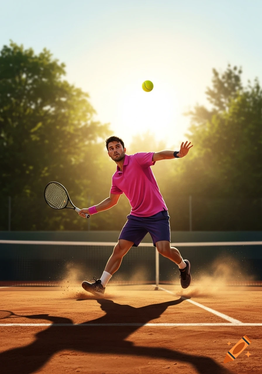 A photorealistic male tennis player in a pink shirt hitting a running forehand on a clay court at sunset, kicking up dust.