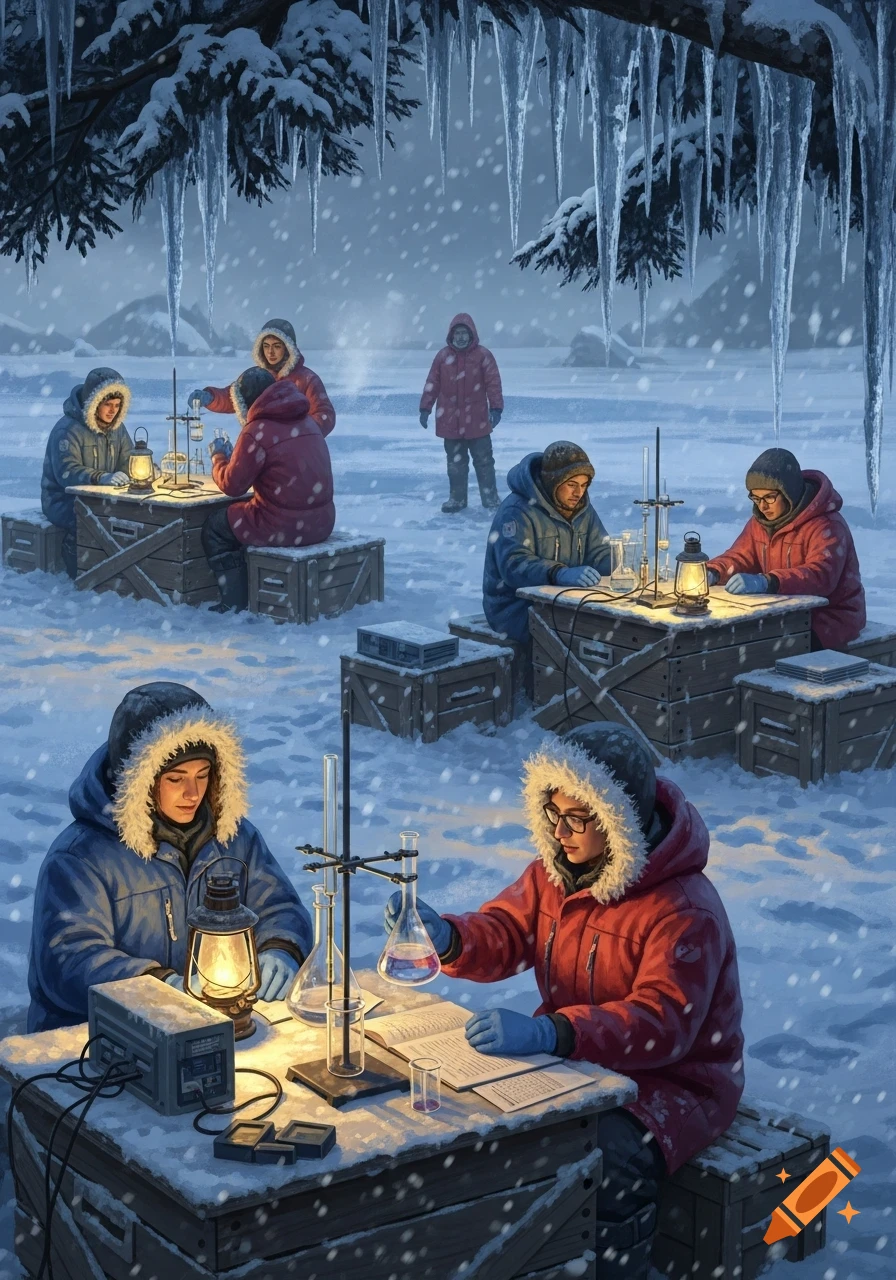 Scientists in winter gear conduct experiments at outdoor makeshift lab stations in a snowy landscape under icicle-laden trees.
