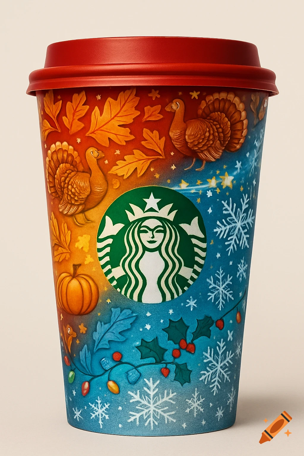 A Starbucks cup with a red lid, featuring a split design with autumn elements like turkeys, leaves, and a pumpkin on one side, and winter elements like snowflakes, holly, and string lights on the other, surrounding a green Starbucks logo.