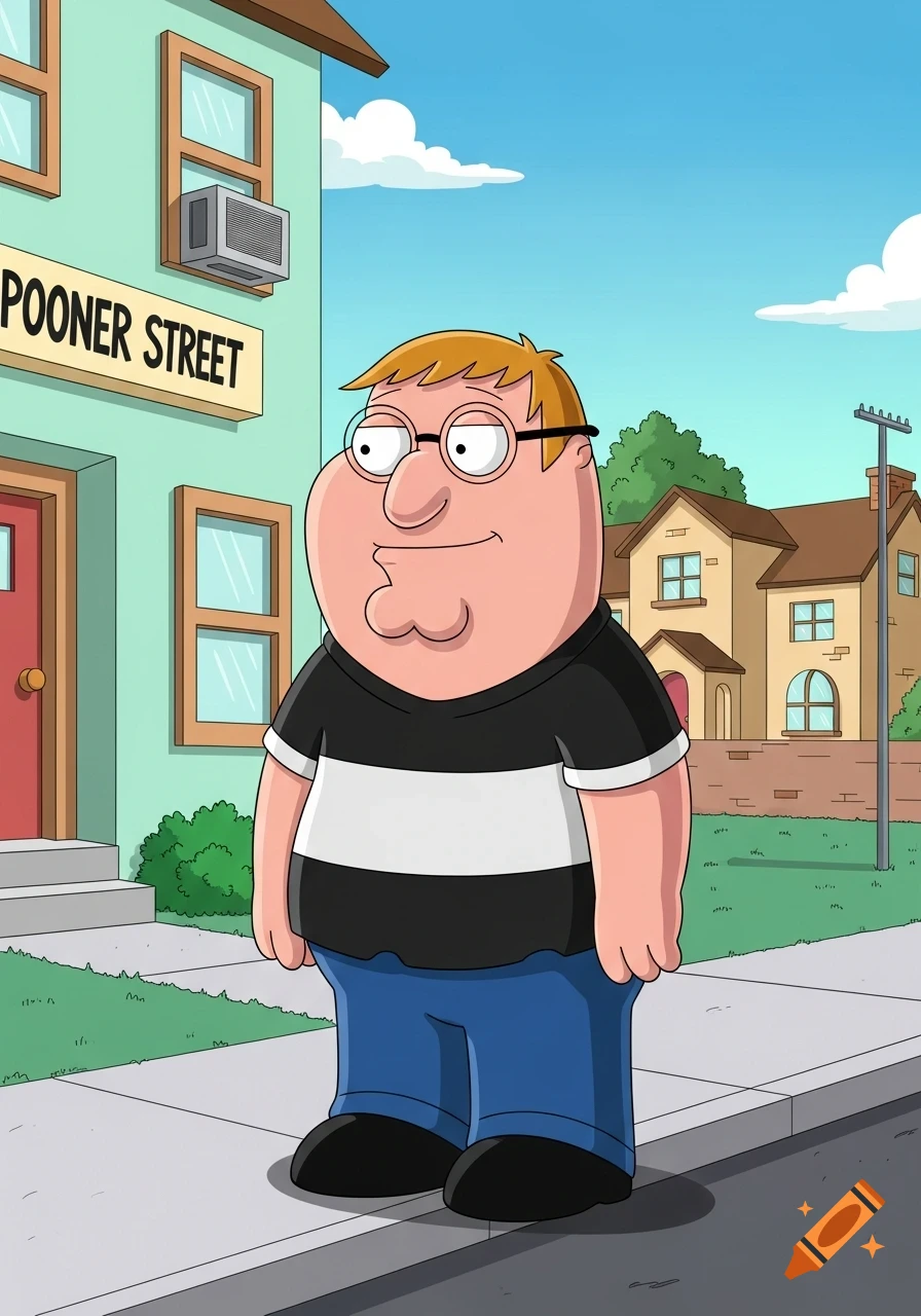 Cartoon character Chris Griffin from Family Guy stands on a sidewalk in front of a house with a 'POONER STREET' sign.