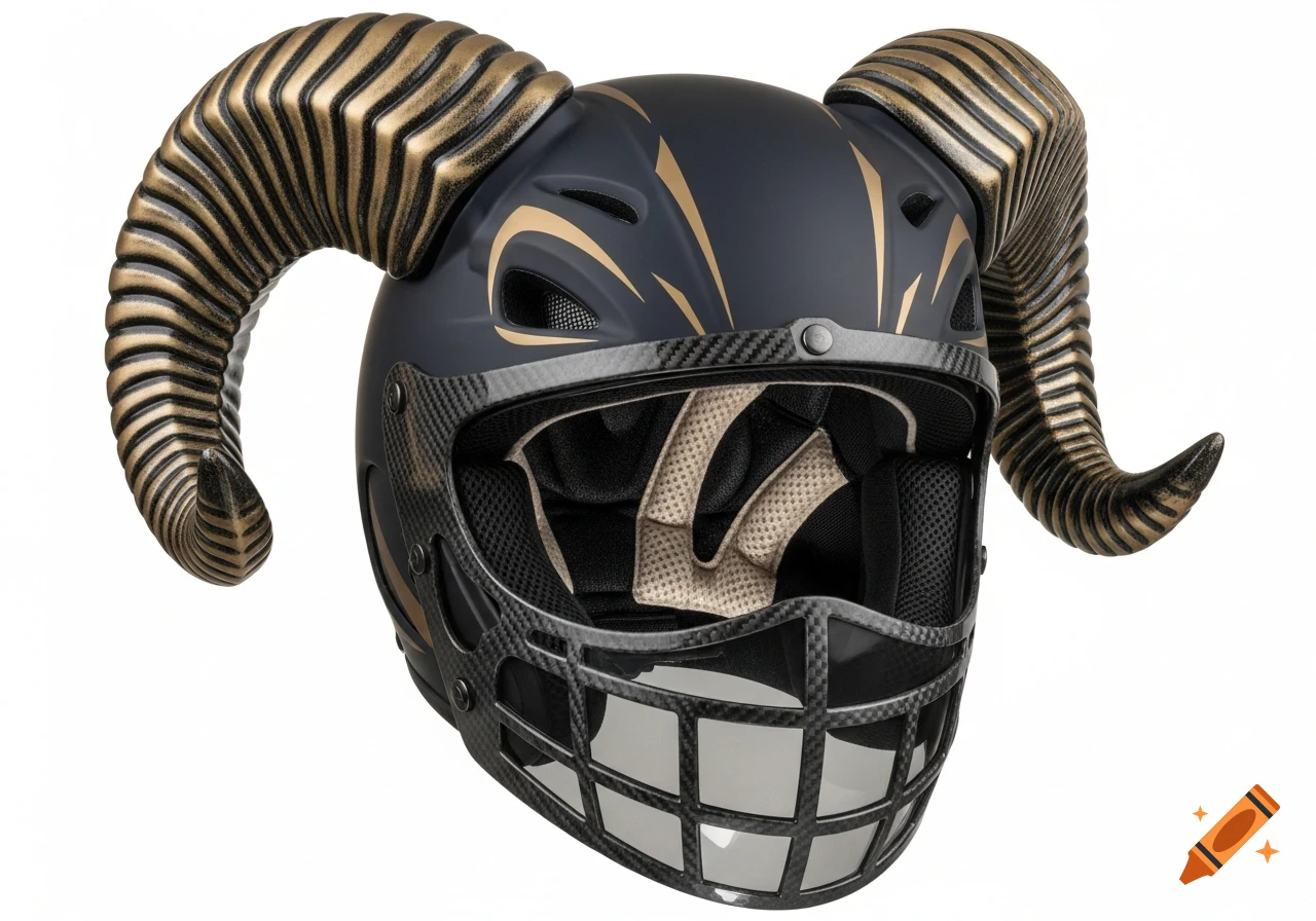 Dark grey helmet with metallic gold ram horns and carbon fiber faceguard, on a white background.