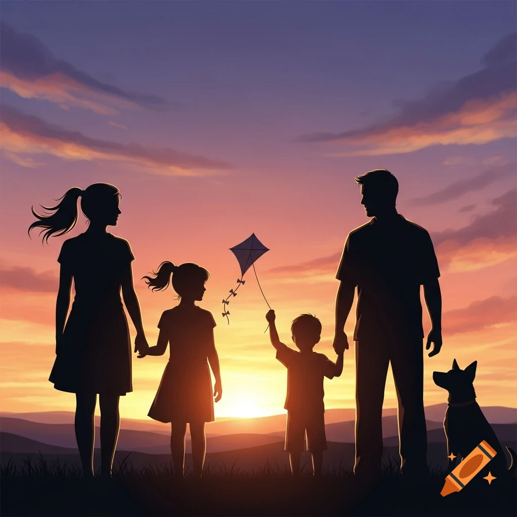 A silhouette of a family with two parents, two children, and a dog, watching the sunset over mountains.