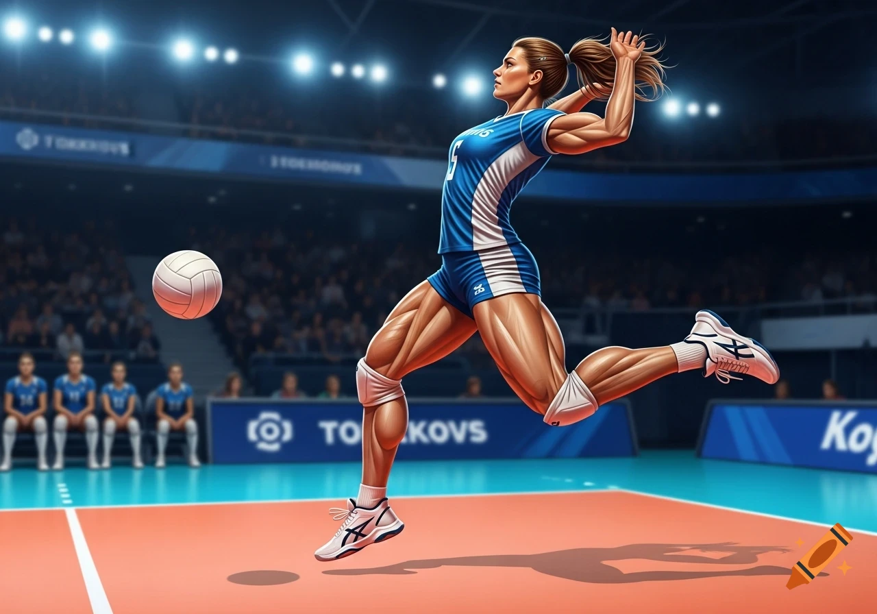 A muscular female volleyball player spikes a ball over the net in a brightly lit arena, captured in a dynamic, detailed style.