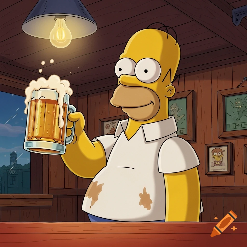 Homer Simpson in a cartoon style, stands in a bar holding a frothy mug of beer.