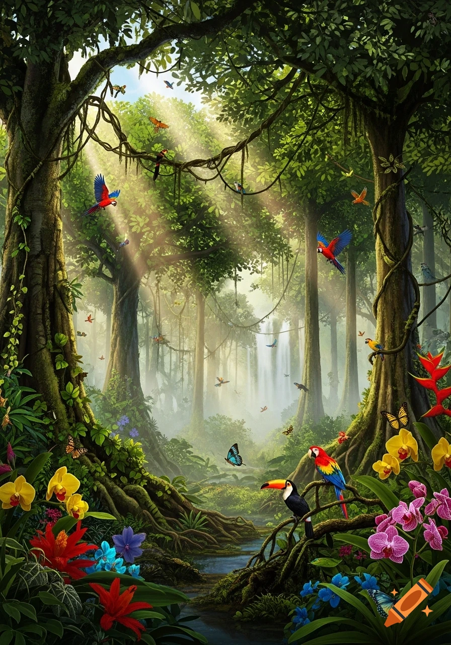 Lush, vibrant illustration of an Amazon rainforest with colorful macaws, a toucan, butterflies, exotic flowers, a winding stream, and a distant waterfall.