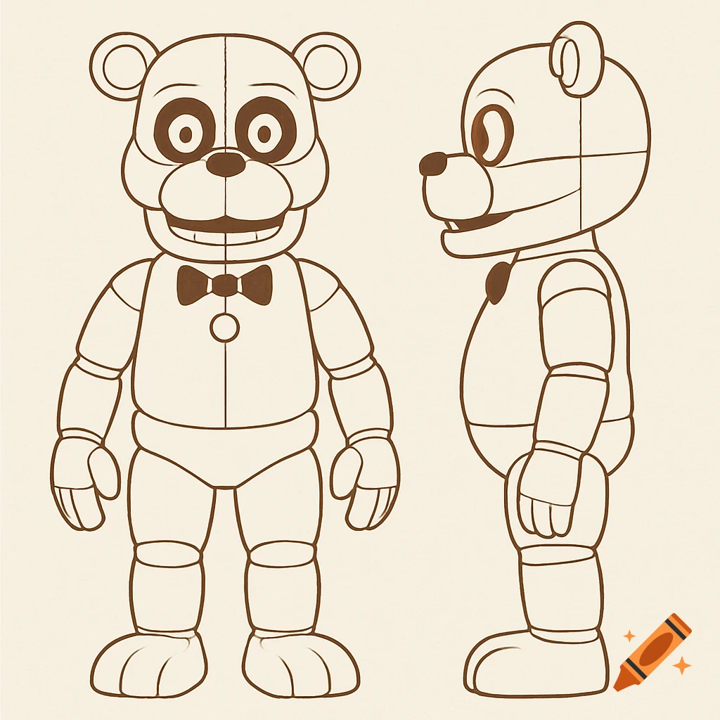 Front and side view of a stylized animatronic bear suit, line art for a sewing pattern.