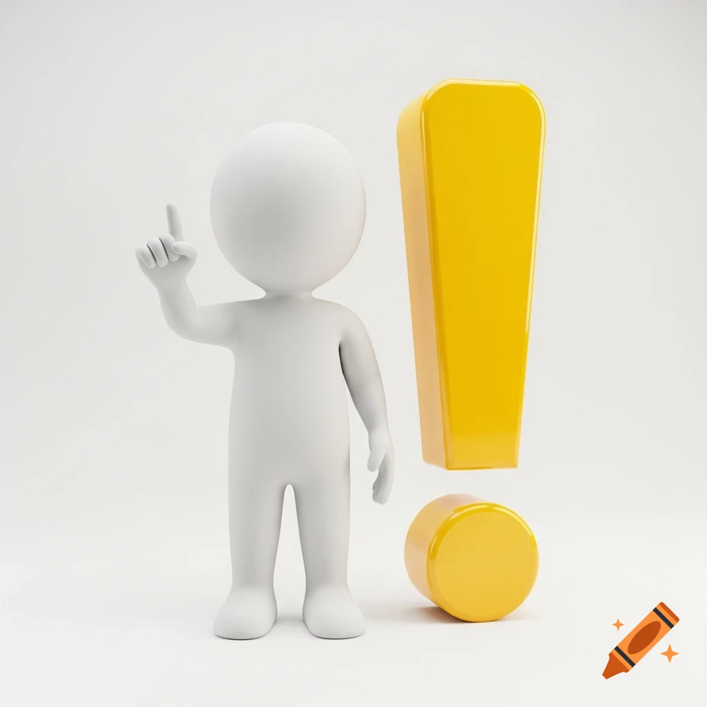 A minimalist 3D rendering of a white figure pointing up next to a large yellow exclamation mark on a white background.
