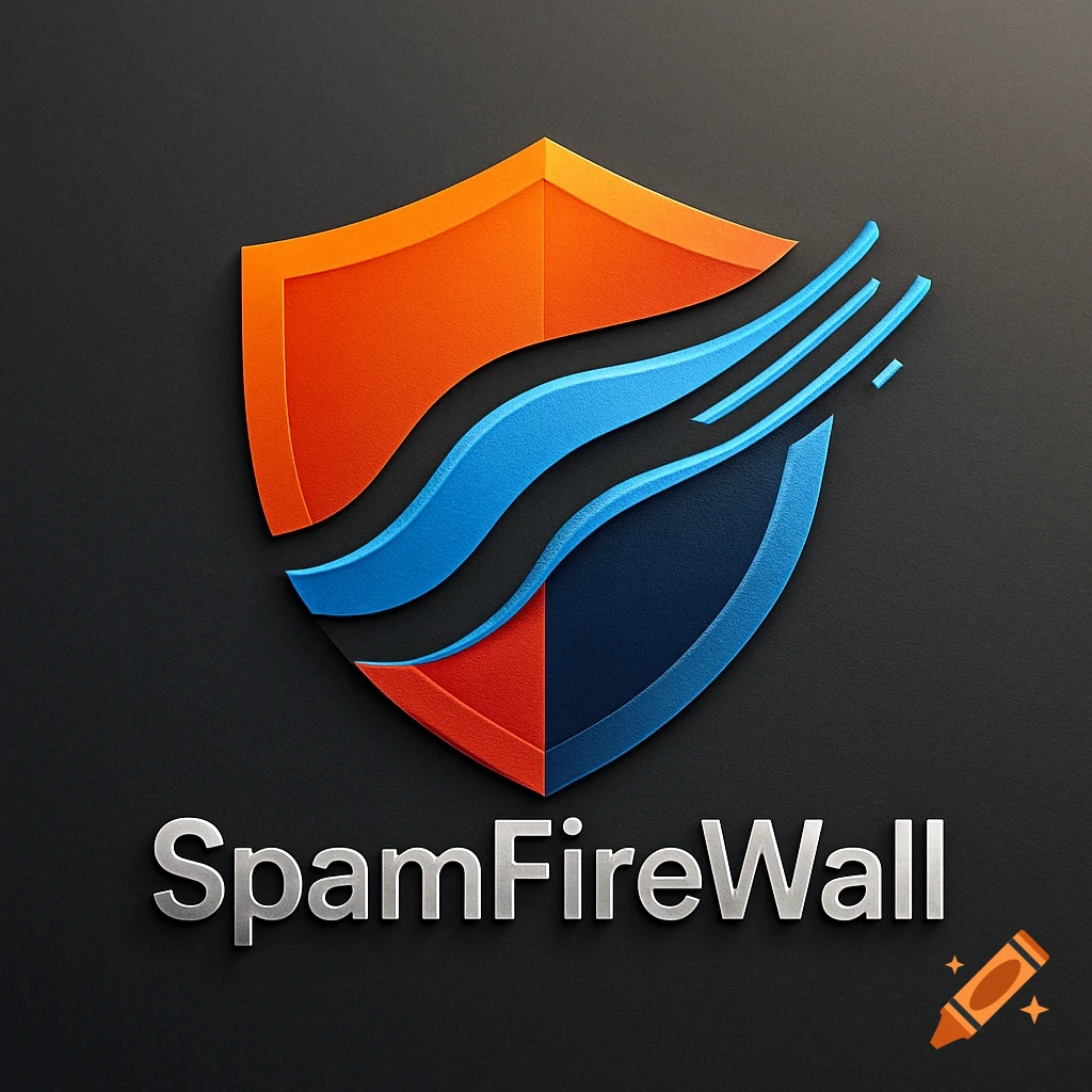A 3D shield logo with an orange and blue design resembling waves or a flame, with the text 'SpamFireWall' in silver below it on a dark background.