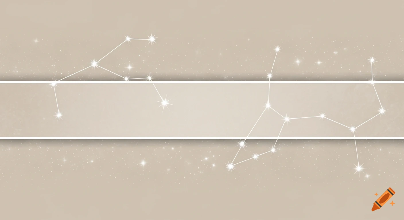 Neutral beige background with white stars, abstract constellation lines, and a central horizontal strip.