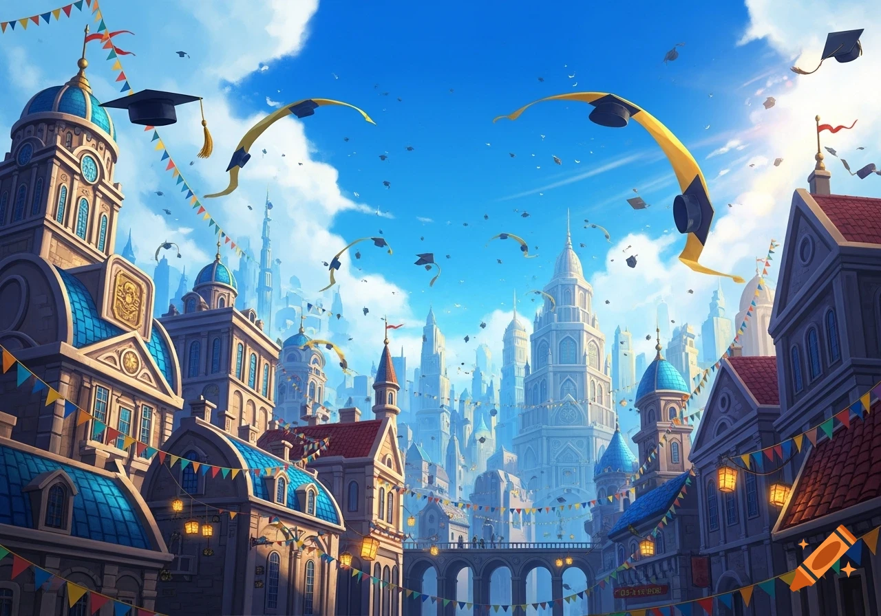 Vibrant fantasy city with colorful buildings and architecture, with many graduation caps flying in a bright blue sky.