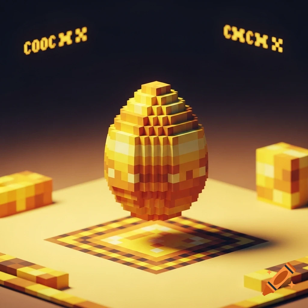 A golden pixelated egg floats above a patterned base, surrounded by abstract pixelated blocks, with gibberish text in the dark background.