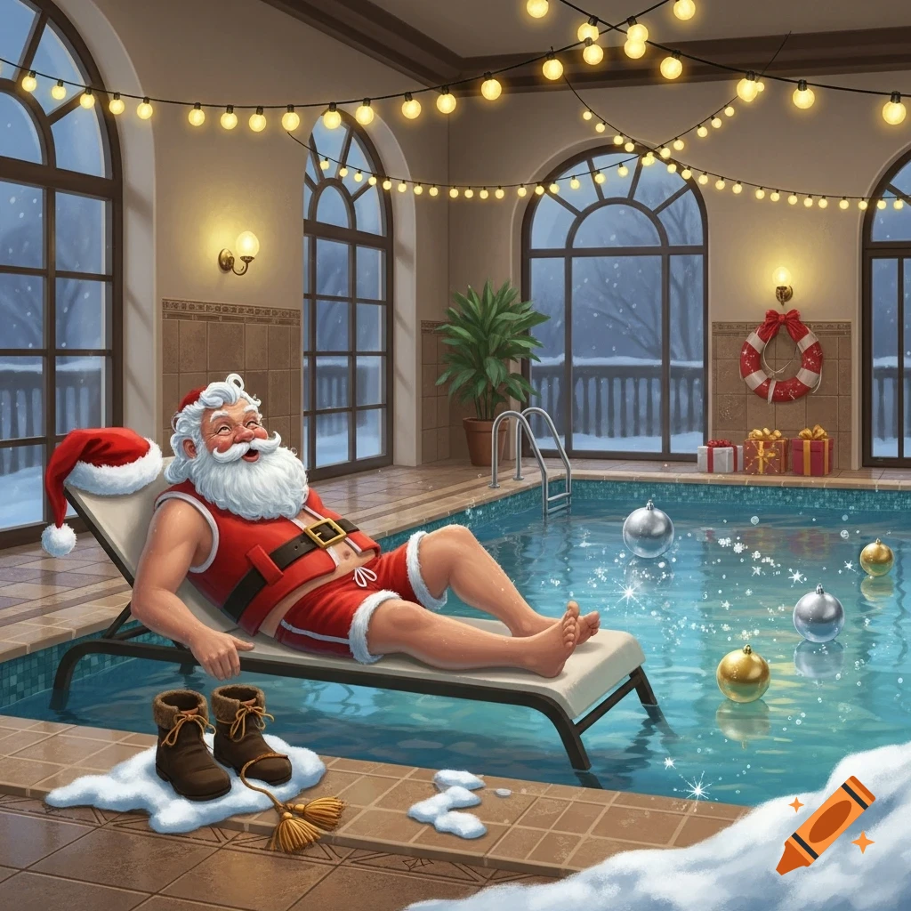 Santa Claus in a swimsuit relaxing on a lounge chair by a festive indoor pool with string lights and snow outside.