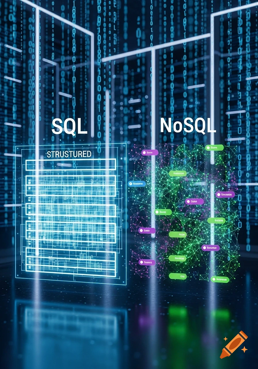 Digital illustration contrasting SQL (structured data table) and NoSQL (interconnected data network) in a futuristic binary code environment, highlighting data structures.