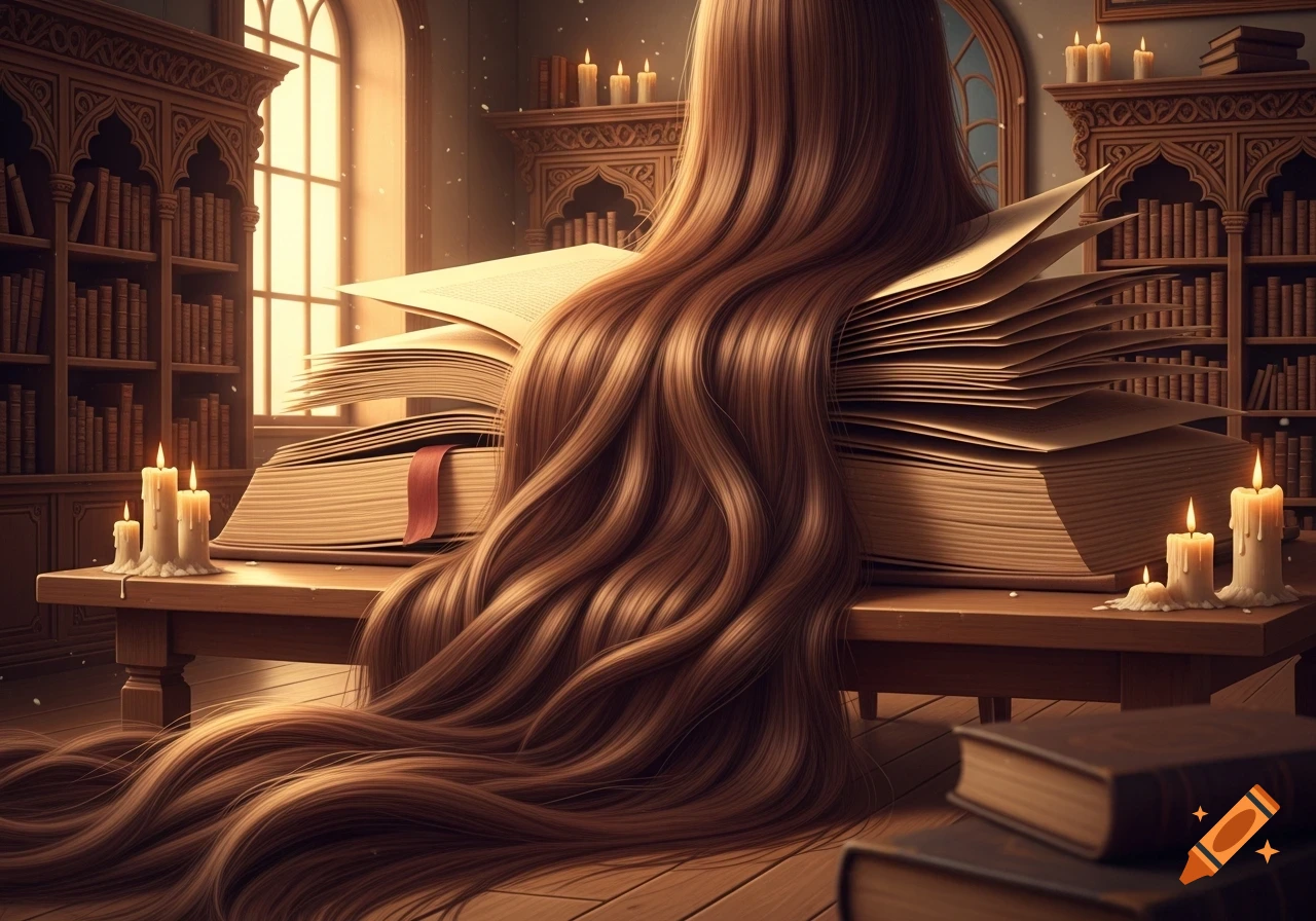 Long, flowing brown hair emerges from an open book on a wooden table in a dimly lit, candle-adorned library.
