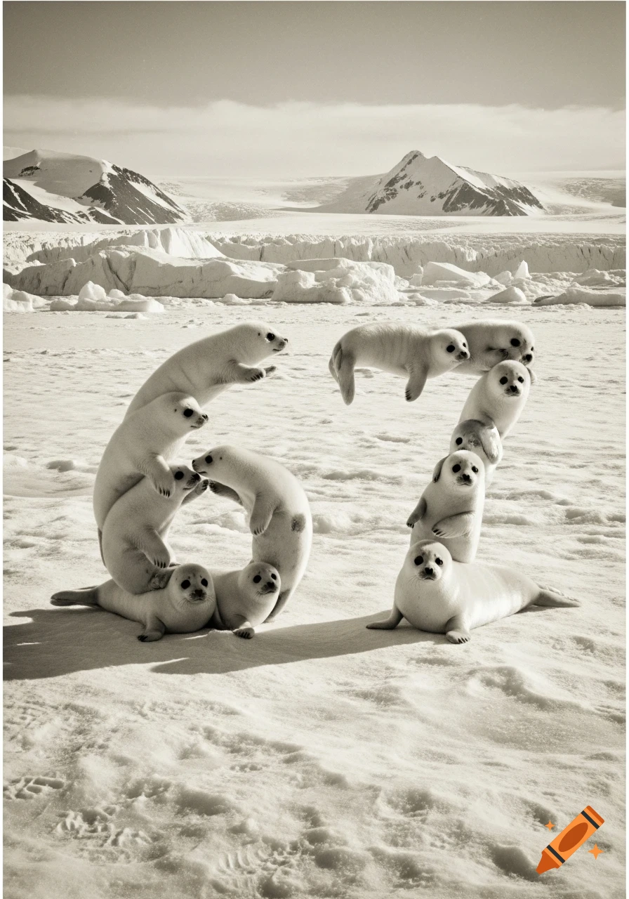 Baby harp seals form the numbers 67 on a snowy Arctic plain with icebergs and mountains, in an old photo style.