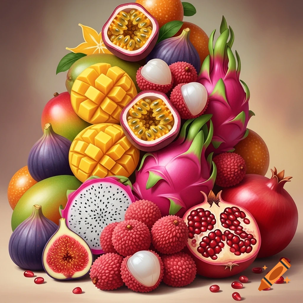 A vibrant pile of diverse tropical fruits, including sliced mango, passion fruit, dragon fruit, figs, lychees, and pomegranates, on a light background.