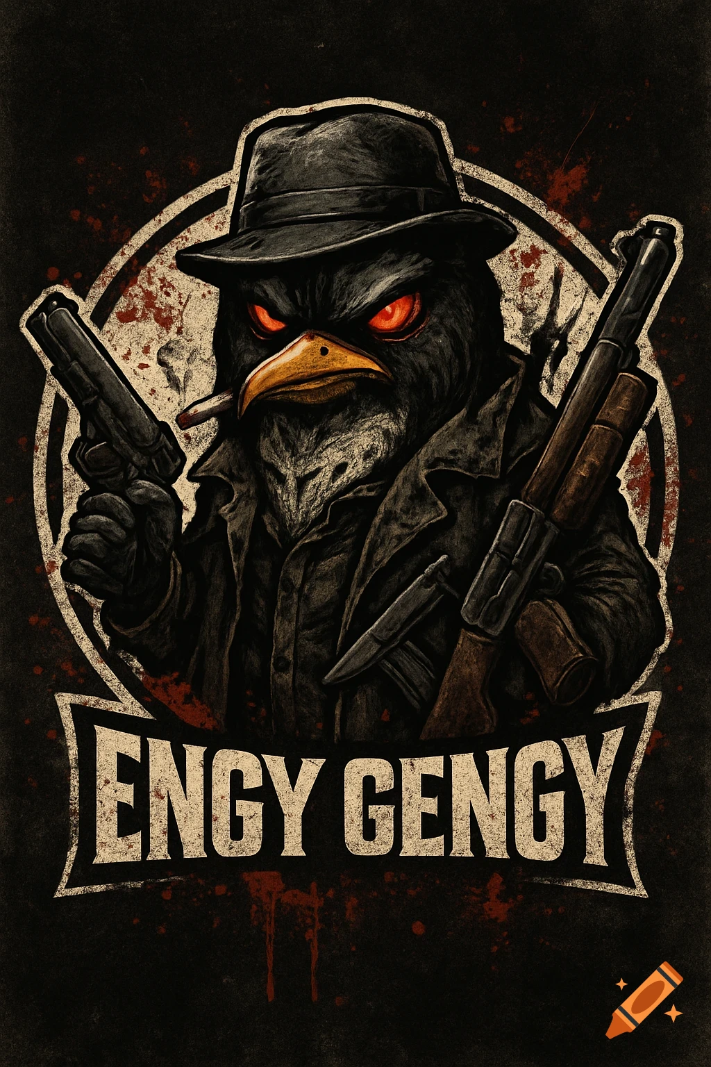 A brutal, aggressive crow-like bird gangster wearing a fedora and trench coat, smoking a cigarette and holding a pistol and shotgun, with text "ENGY GENGY" below. Stylized with red splatters on a dark background.
