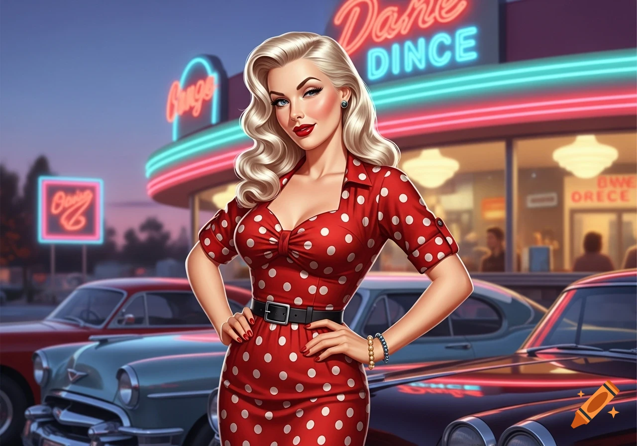 A stylized pin-up woman in a red polka-dot dress stands in front of a retro diner with classic cars.
