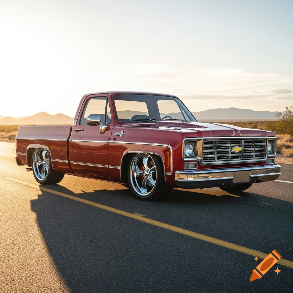 A lowered red 1976 Chevy Silverado square body truck with chrome wheels on a desert road at sunset.