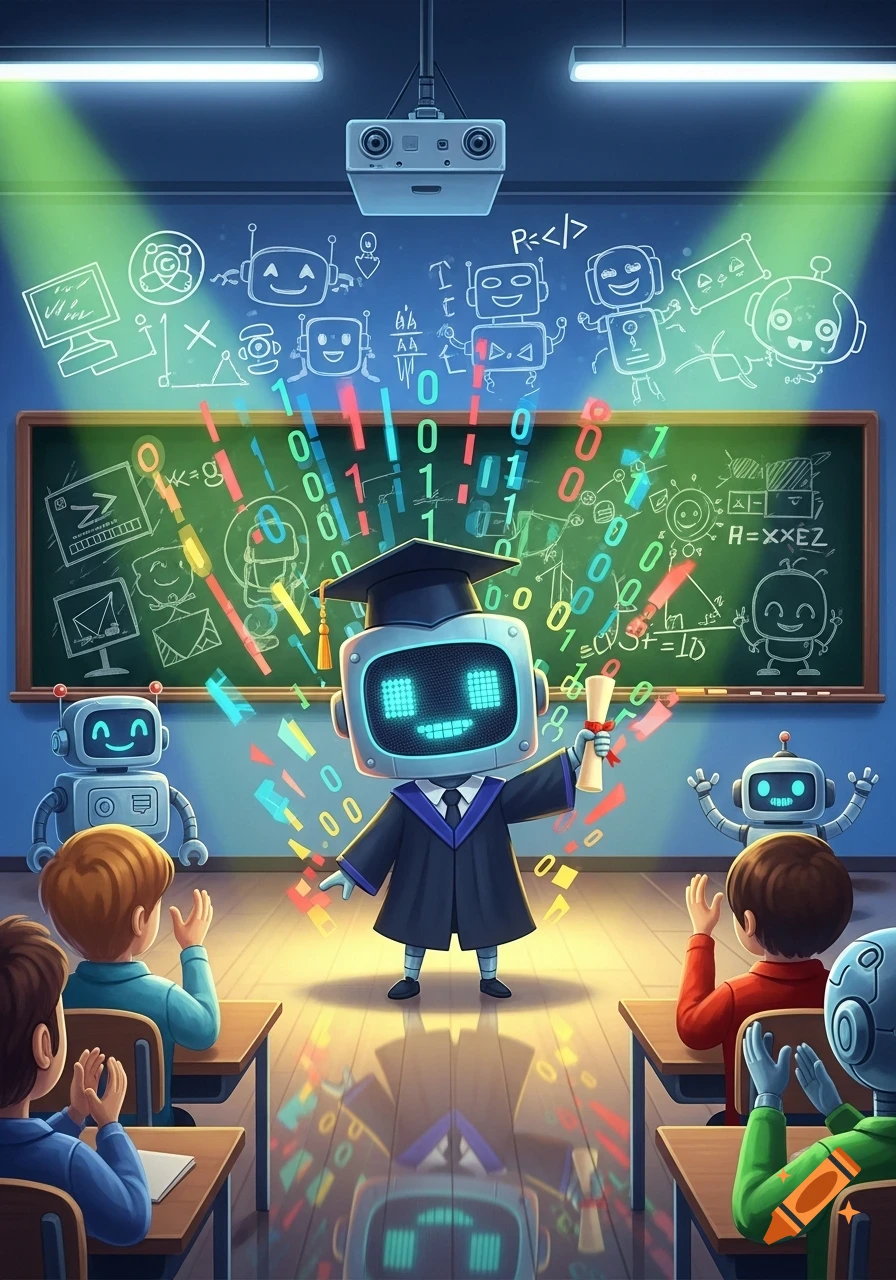 A smiling robot in a graduation gown holds a diploma, surrounded by binary code in a classroom with children and other robots. Chalk drawings of robots and equations cover the blackboard.