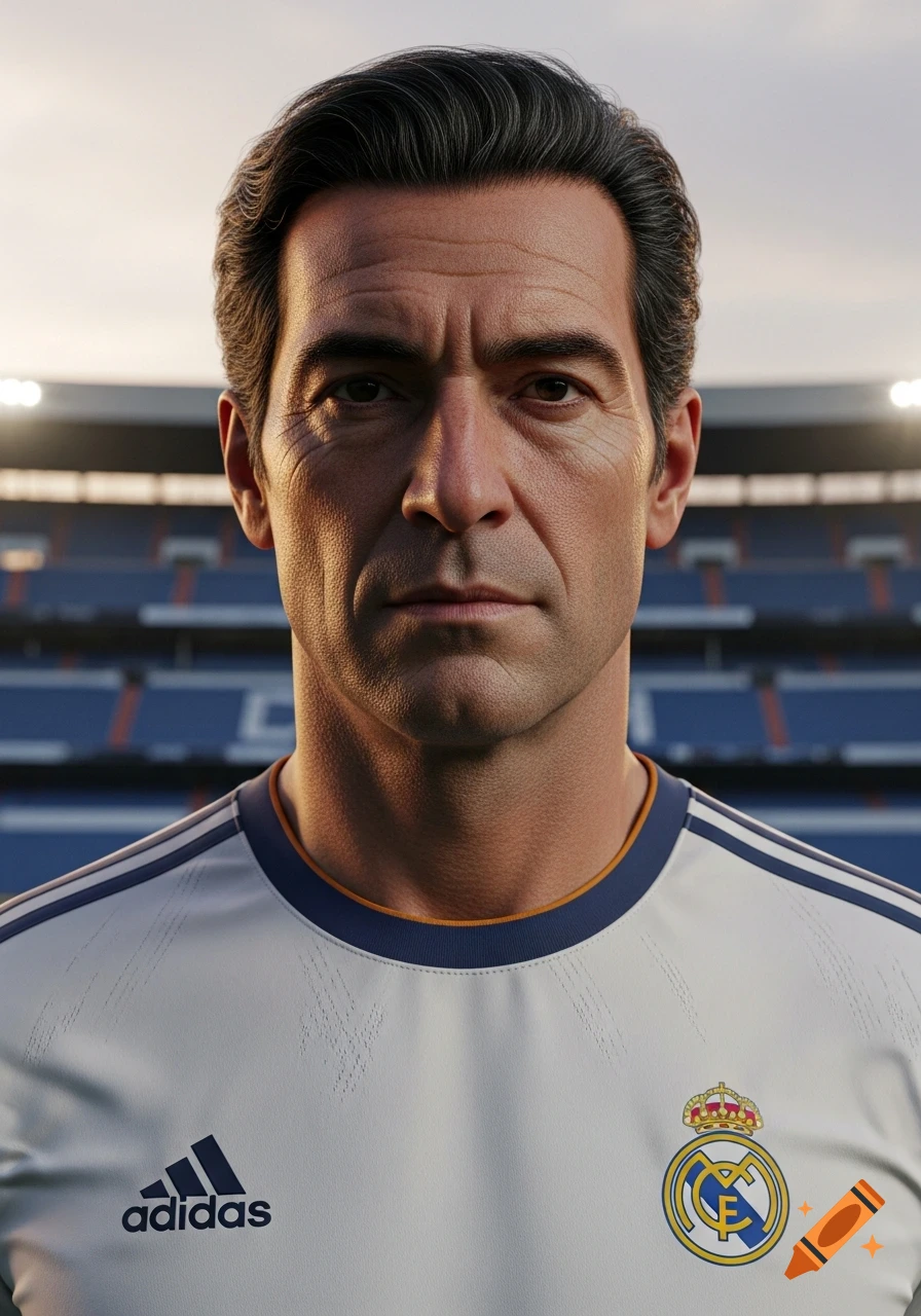 A hyperrealistic portrait of a serious, athletic 61-year-old man in a white soccer jersey, featuring Adidas and Real Madrid logos, against a stadium backdrop at sunset.