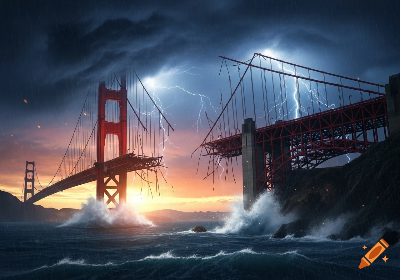 The Golden Gate Bridge appears partially collapsed during a dramatic thunderstorm with lightning, heavy rain, and crashing waves.