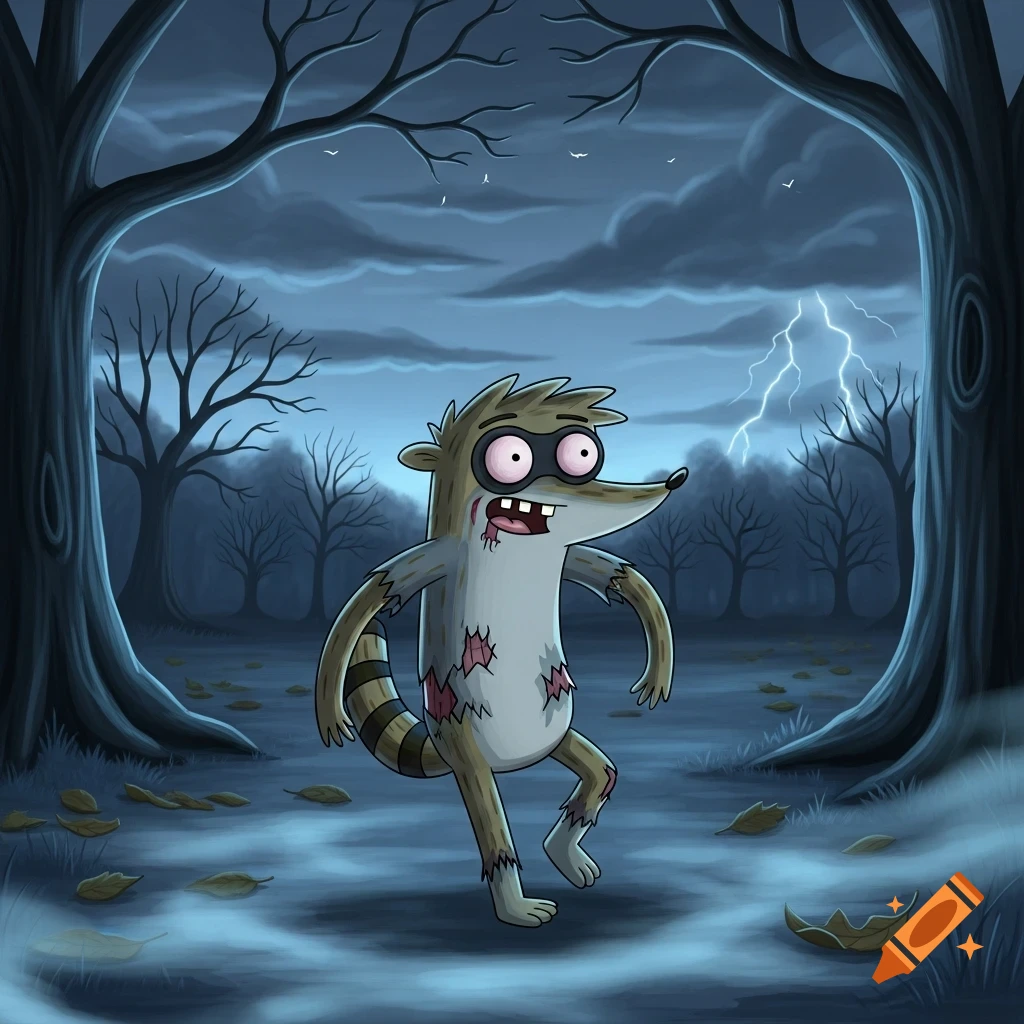 Cartoon zombie Rigby from Regular Show runs through a spooky, dark forest under a stormy, lightning-filled sky.