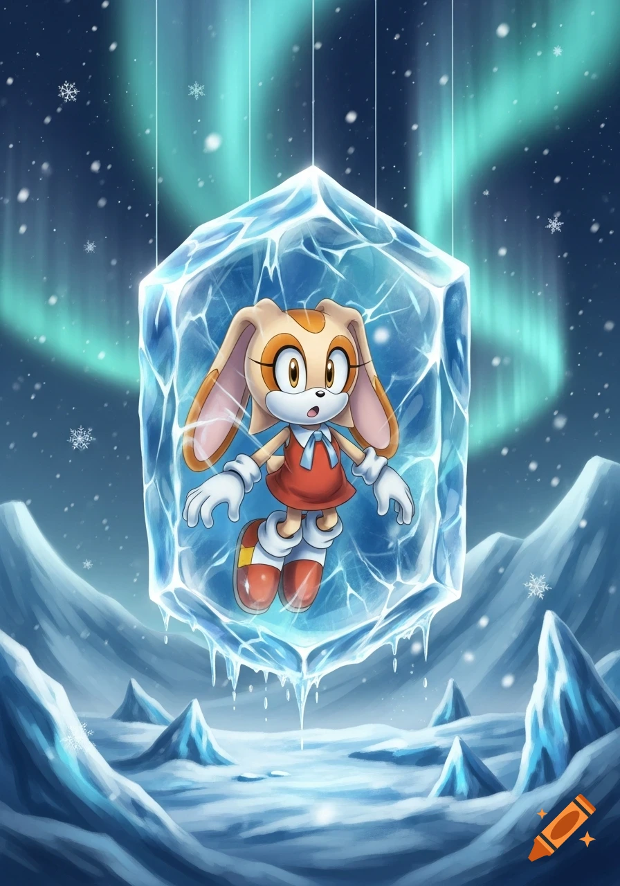 Cream the Rabbit, a cartoon character, frozen inside a large ice block in a snowy arctic landscape under green northern lights.