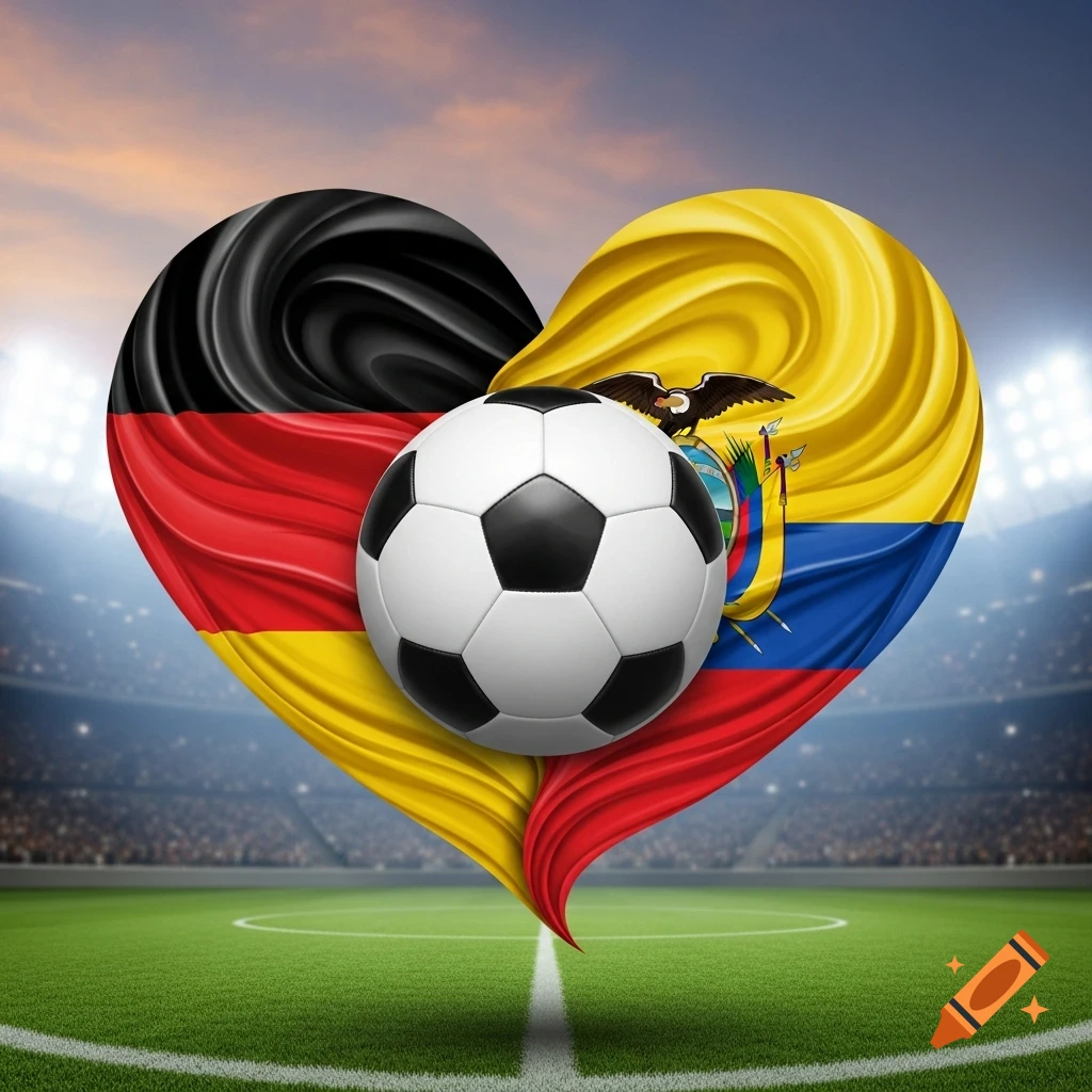 A heart-shaped German and Ecuadorian flag with a soccer ball in a stadium.