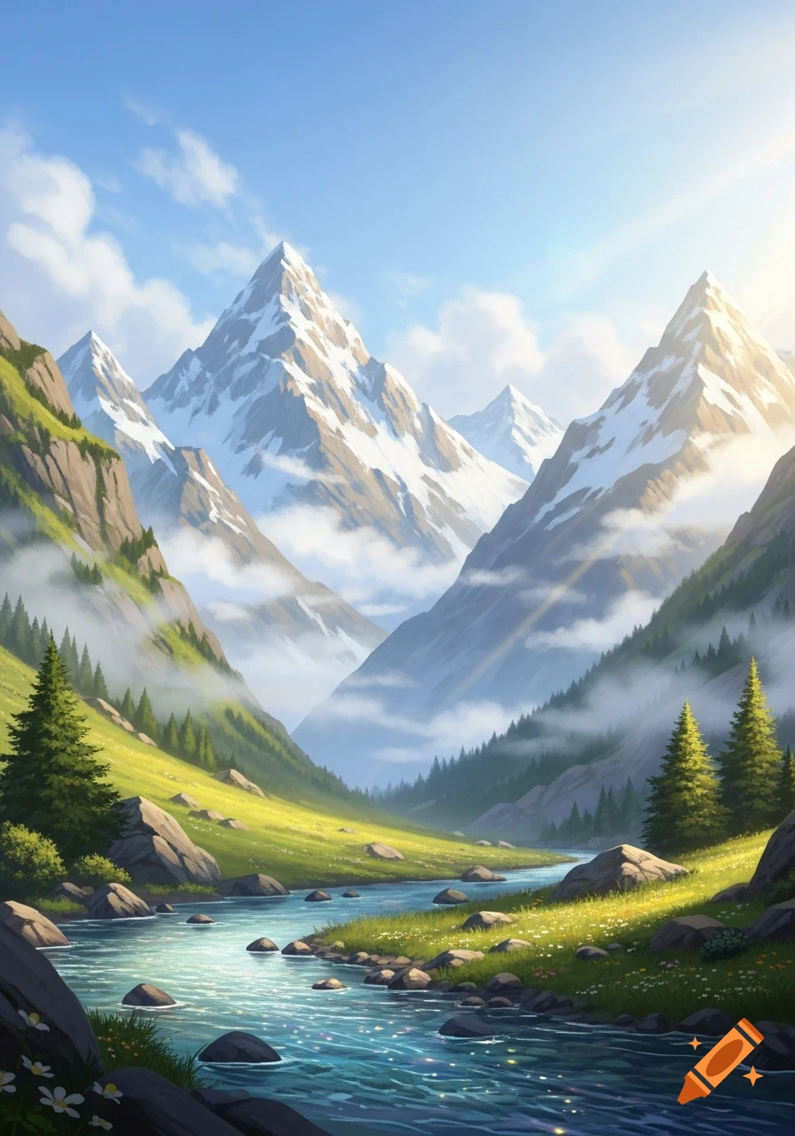 A bright, stylized mountain landscape with a winding river flowing through a green valley, flanked by snow-capped peaks under a sunny blue sky.