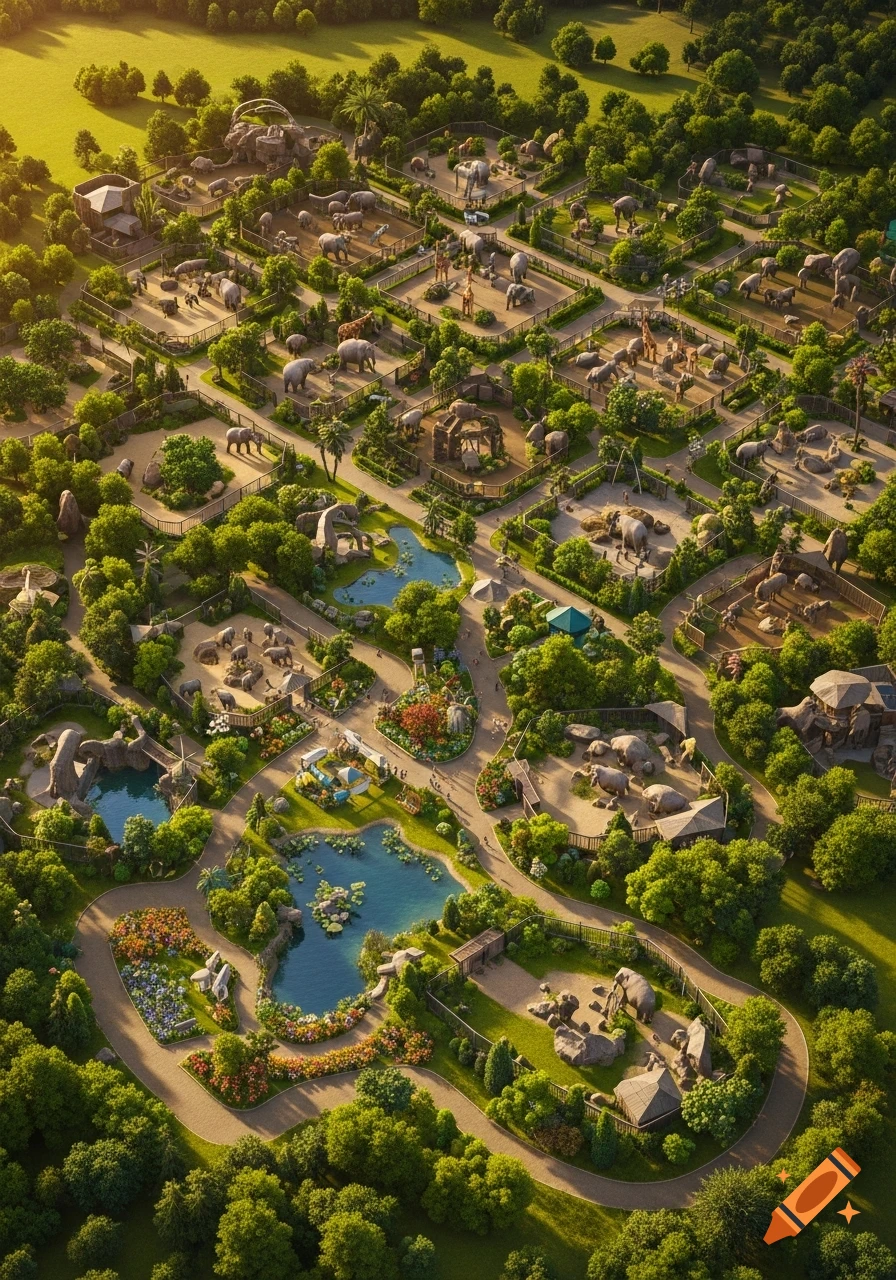 Aerial view of a lush green zoo filled with animal enclosures, winding paths, and blue ponds, under warm sunlight.