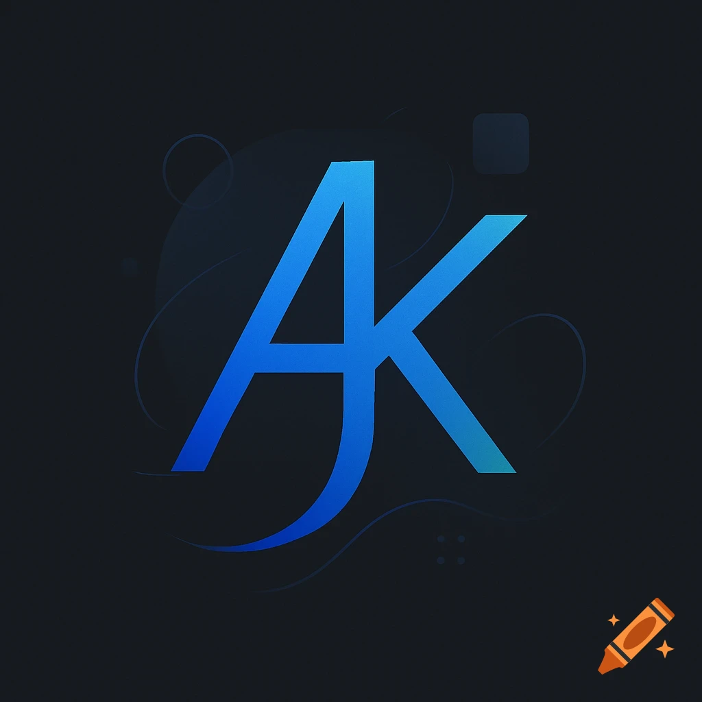 Stylized blue gradient letters AK forming a modern logo on a dark background with subtle abstract shapes.