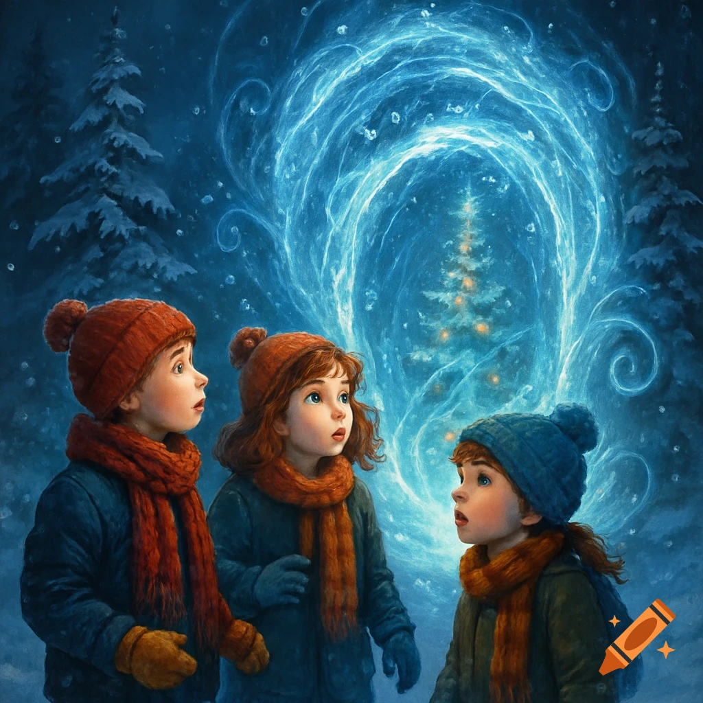 Three children in winter clothes gaze up at a glowing blue magical portal amidst a snowy, dark blue forest.