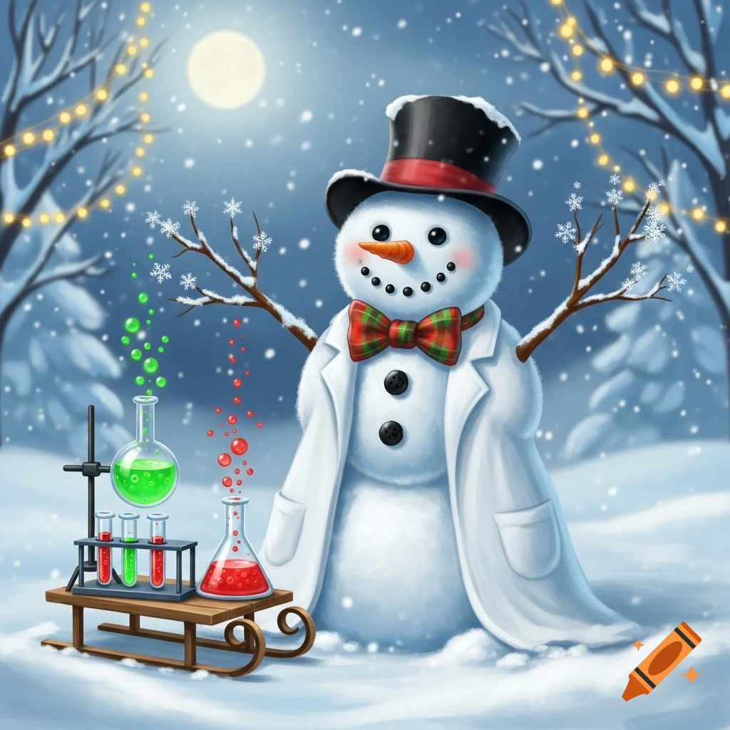 A cheerful snowman scientist in a lab coat and top hat, surrounded by bubbling beakers on a sled in a snowy winter night.