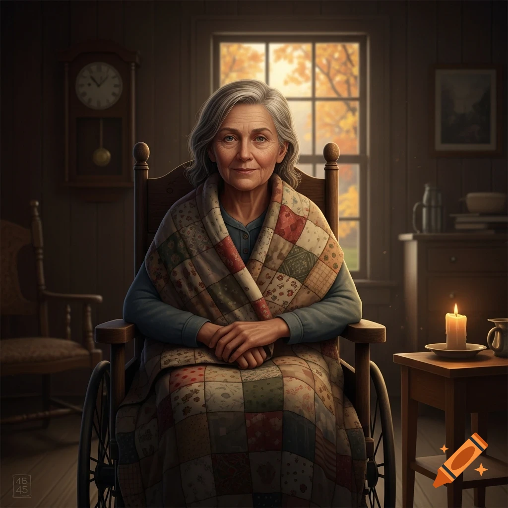 A photorealistic image of an elderly woman with gray hair and a calm expression, wrapped in a patchwork quilt, sitting in a wheelchair by a window with autumn trees visible outside.