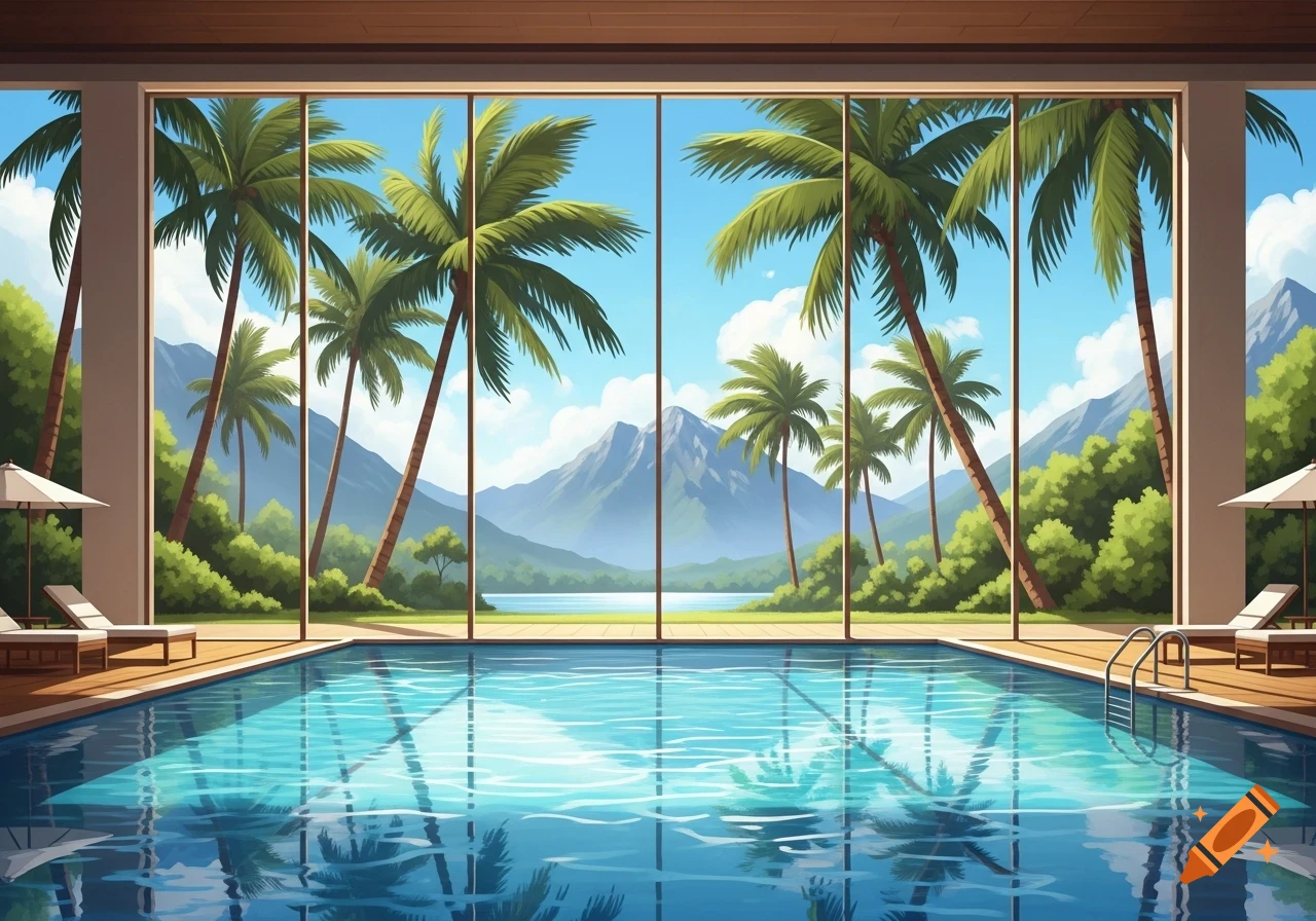 An indoor swimming pool with lounge chairs and umbrellas, featuring large windows looking out onto a tropical landscape with palm trees, mountains, and a lake.