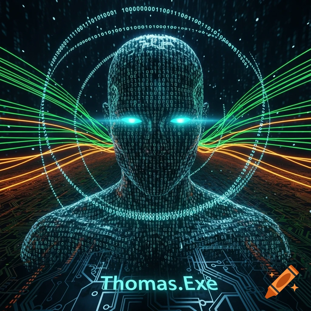 A humanoid figure made of glowing binary code with luminous blue eyes ...