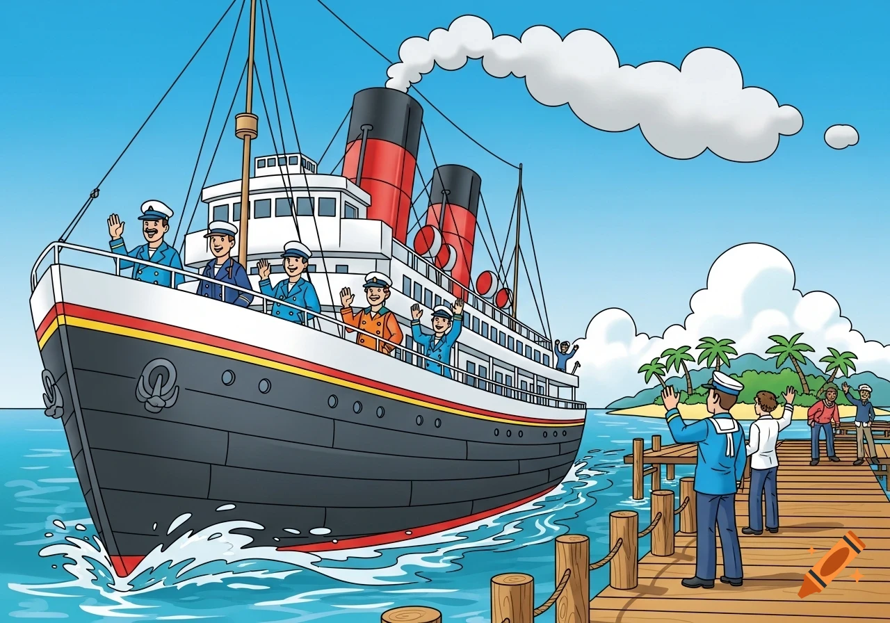 A cartoon steamship with sailors waving from its deck, departing from a pier where people wave goodbye, with an island in the background.