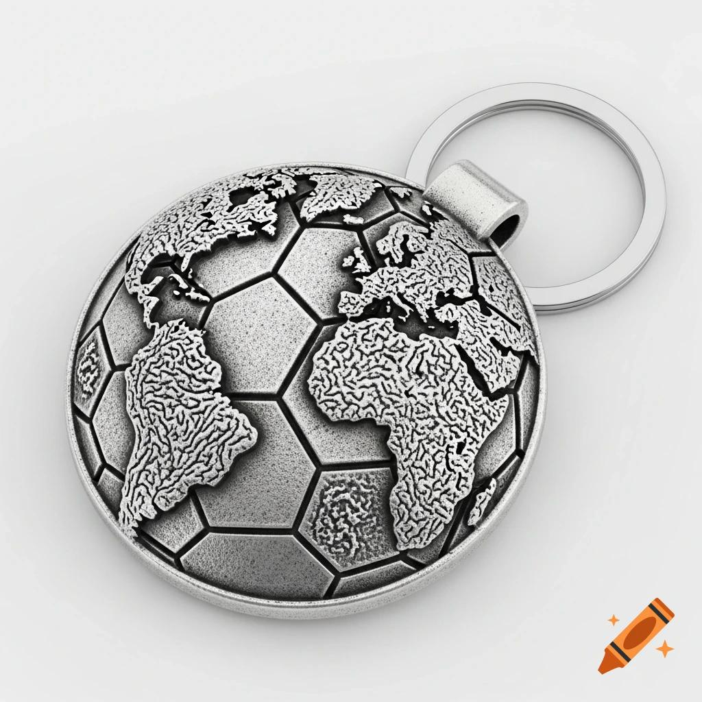 A detailed pewter keychain shaped like a soccer ball with raised relief maps of continents on its facets.