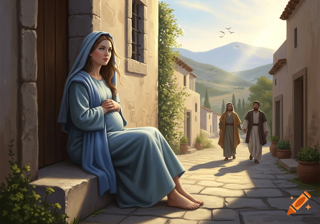 A pregnant woman in blue robes sits barefoot on a stone step in a sunlit ancient village, looking pensively. Two men walk in the background.