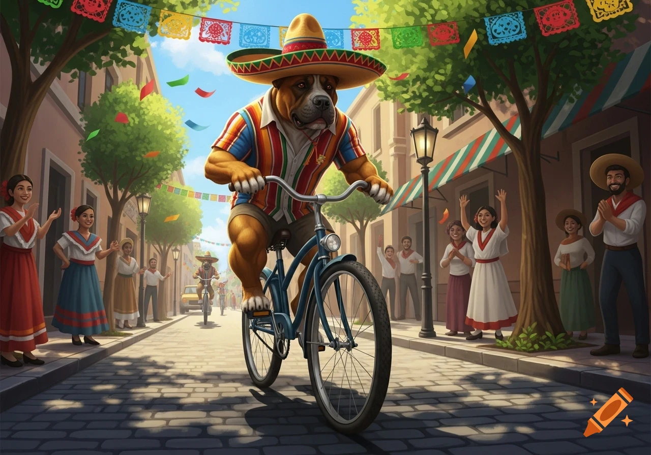 A muscular dog in a sombrero and striped shirt rides a bicycle down a sunny, festive street decorated with colorful banners, while people cheer.