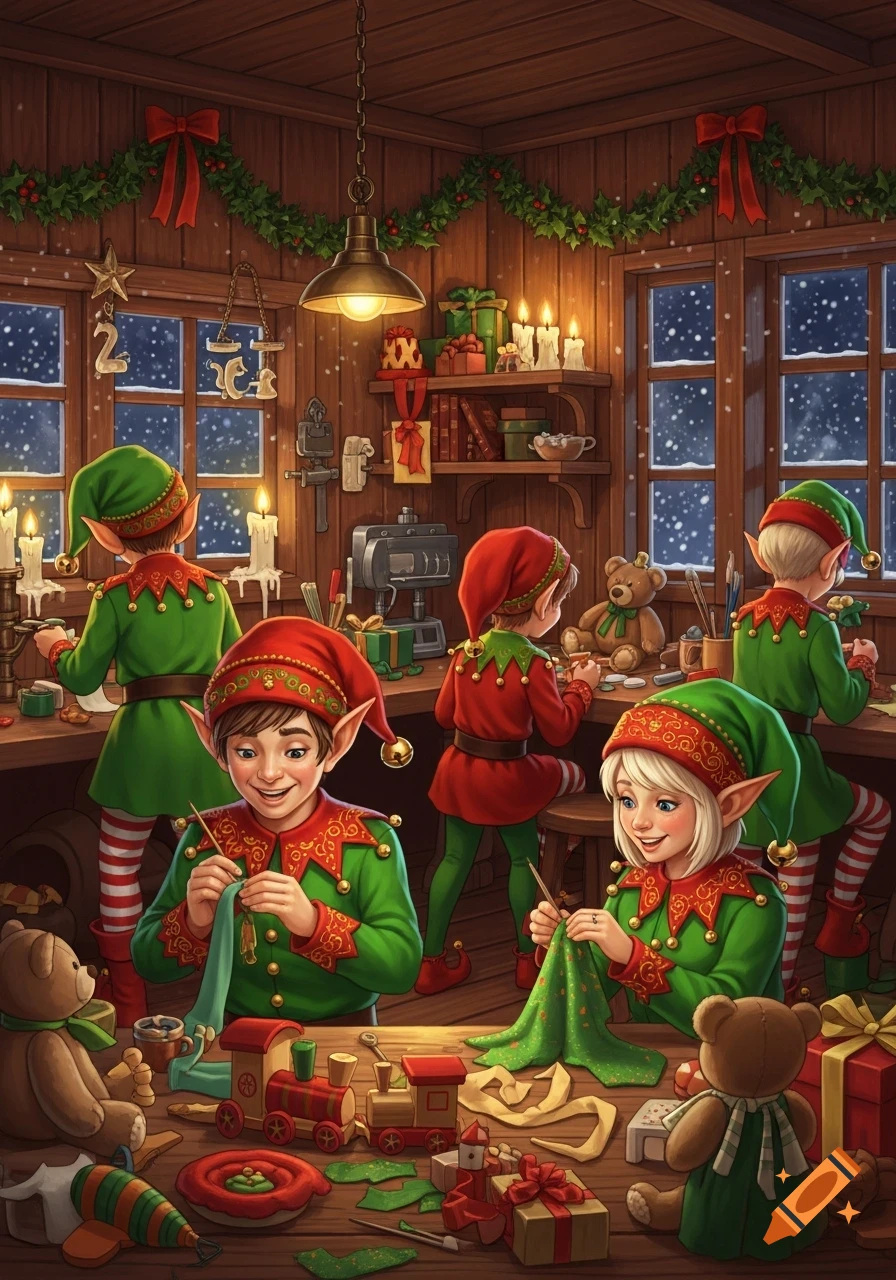 Christmas elves in a festive wooden workshop, busy making toys and gifts, surrounded by presents and holiday decorations.
